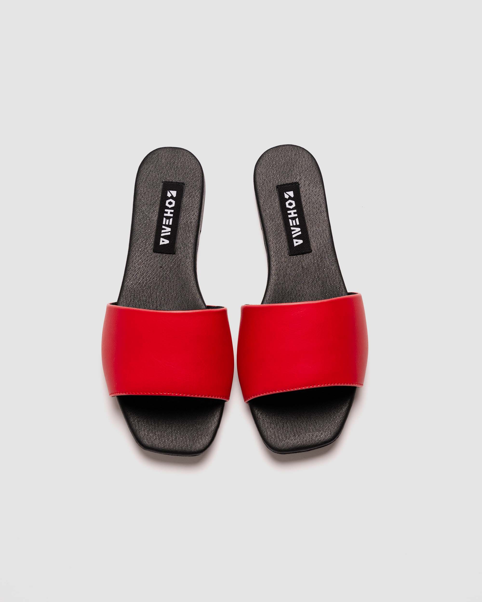 BOHEMA Mellow Slides in red - worn on foot of women's slides