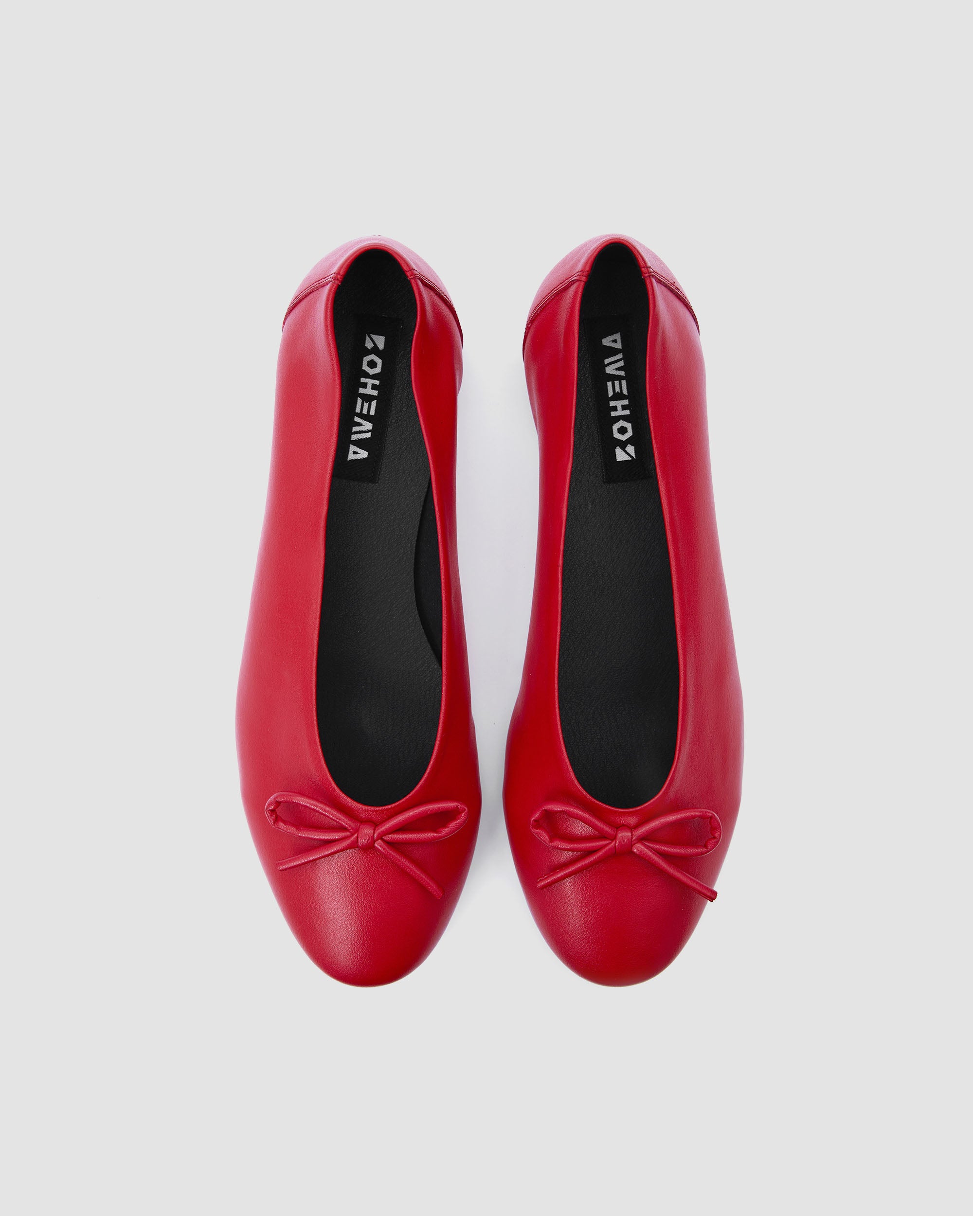 BOHEMA Mossy Pumps in red - top view of women's ballet flats with bow