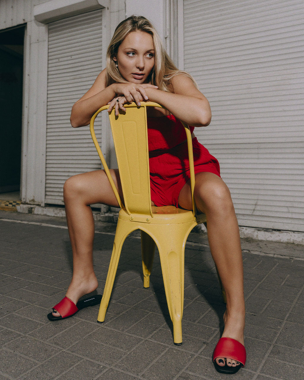 BOHEMA Mellow Slides in red - sole detail of women's slides