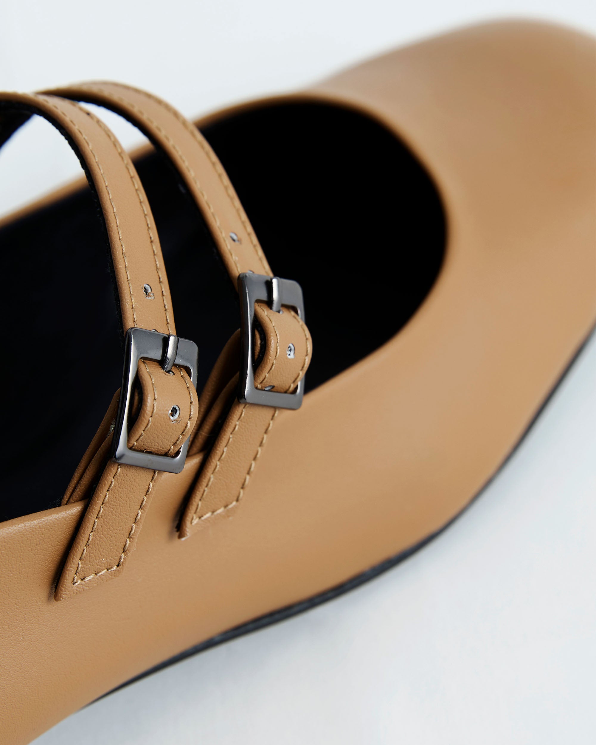 BOHEMA Carmel Mary Jane Pumps in caramel - worn on foot of women's Mary Jane ballet flats