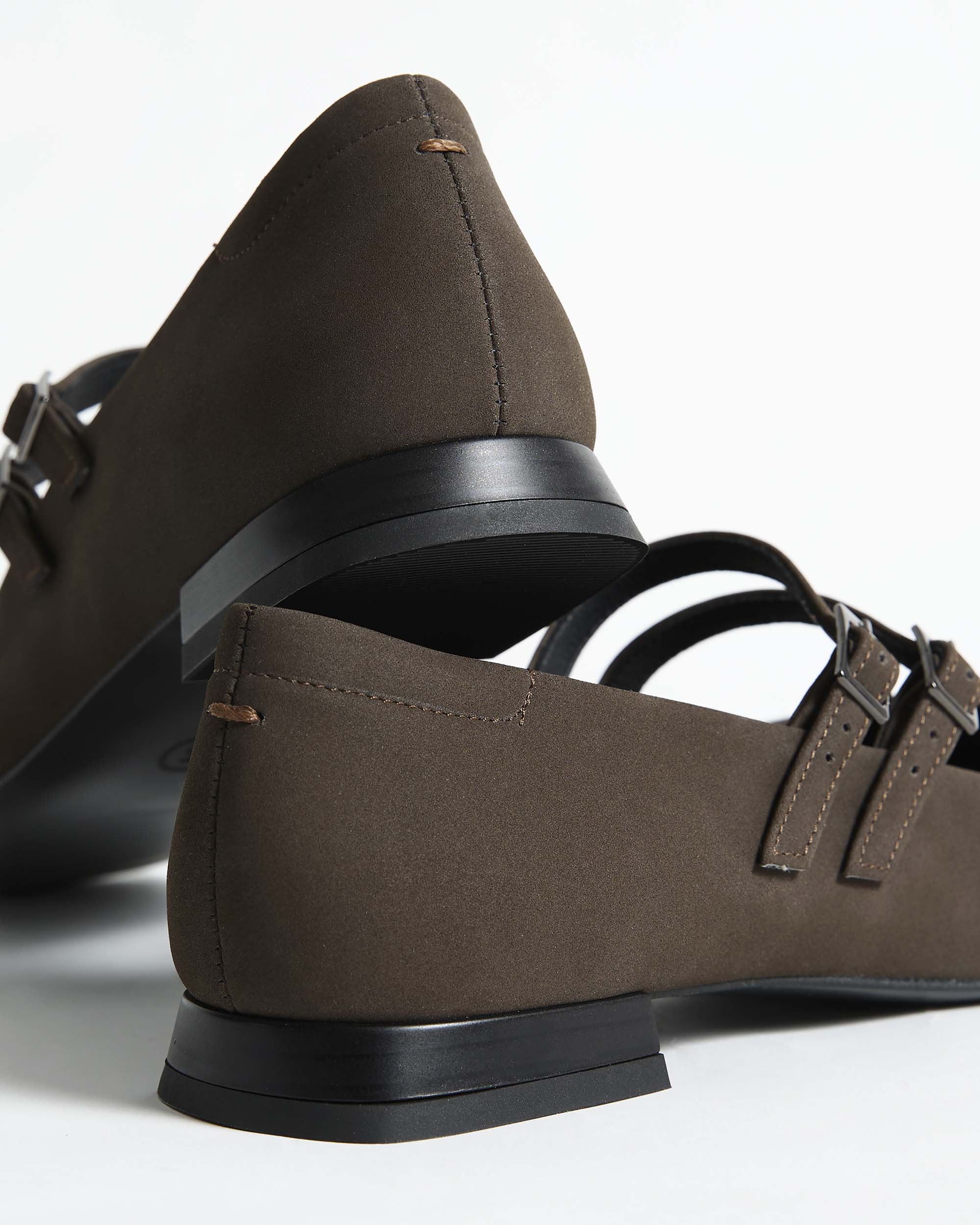 BOHEMA Chocolate Mary Jane Pumps in chocolate brown - texture close-up of women's Mary Jane ballet flats