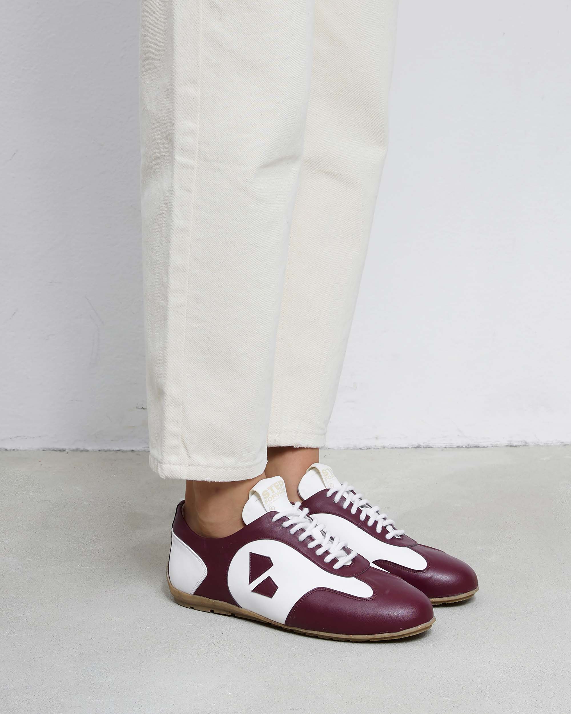 BOHEMA Racer Sneakers in burgundy and white - back view of women's sneakers