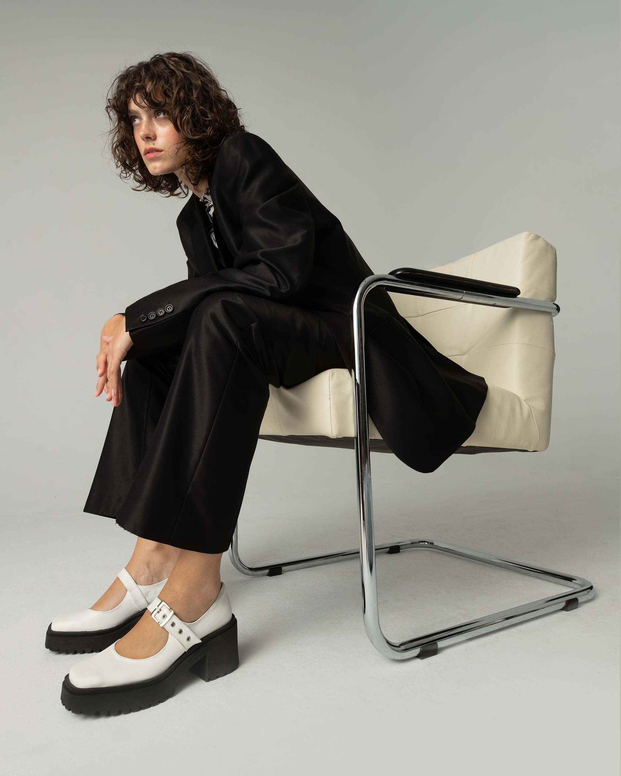 BOHEMA Squared Mary Jane Pumps in white - texture close-up of women's Mary Jane ballet flats