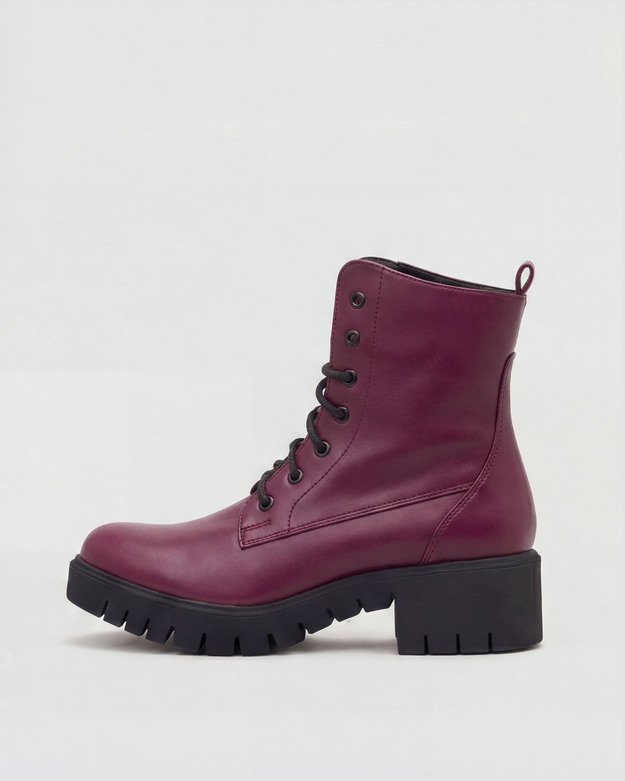 BOHEMA Workers No. 3 in burgundy - side view of women's lace-up boots
