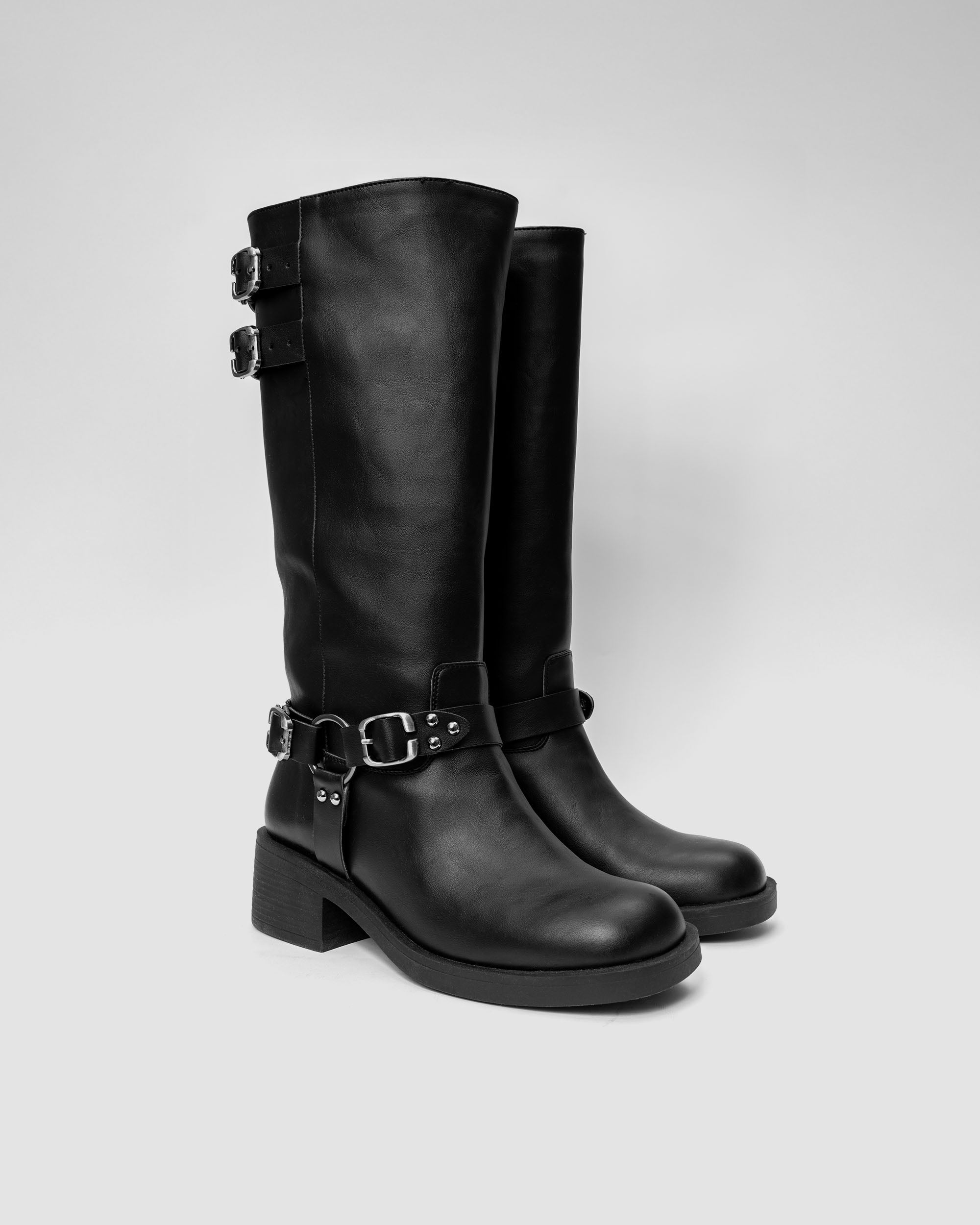 Black vegan biker boots with buckles and block heels, modern unisex footwear by BOHEMA