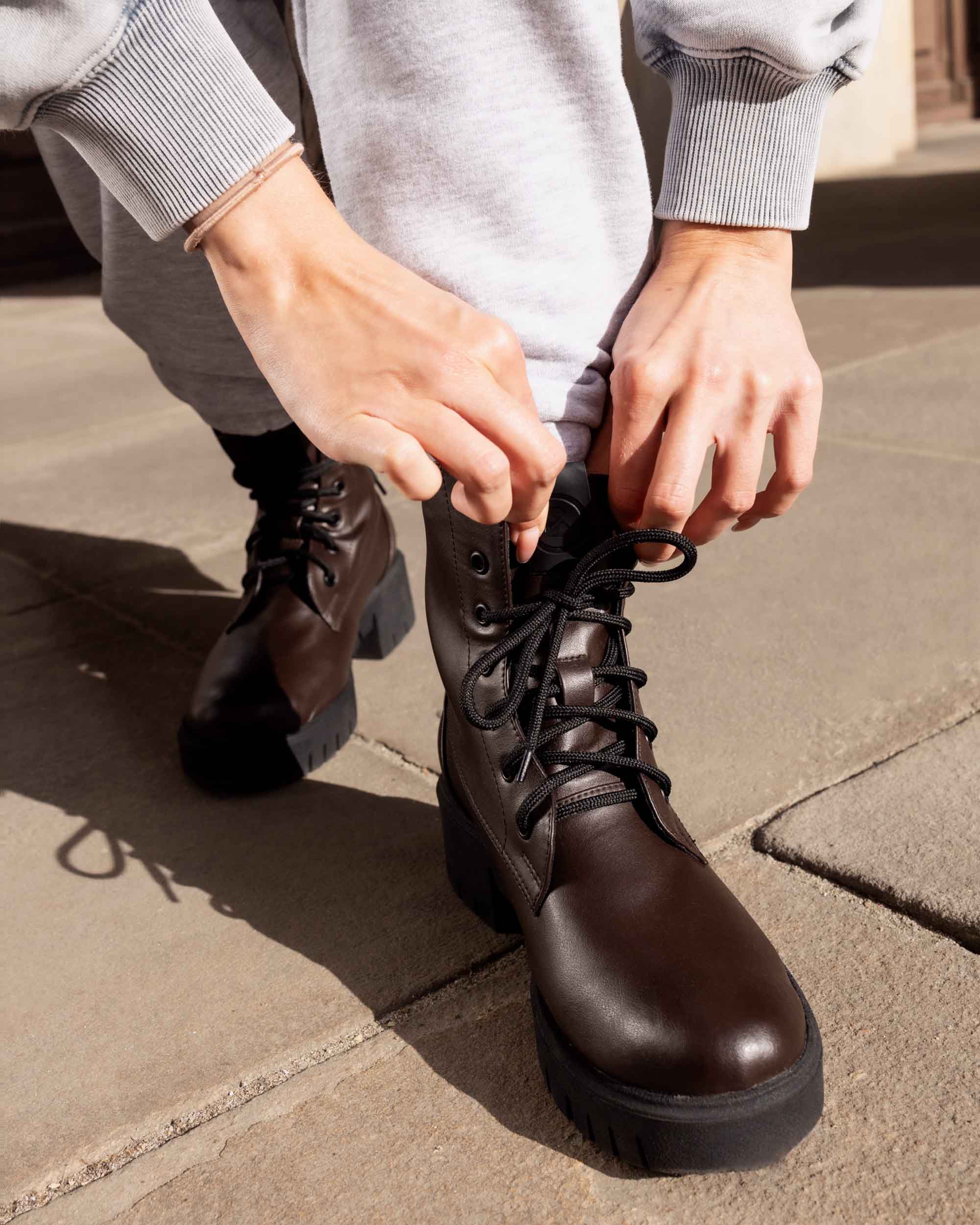 BOHEMA Workers No. 3 in chocolate brown - detail view of women's lace-up boots
