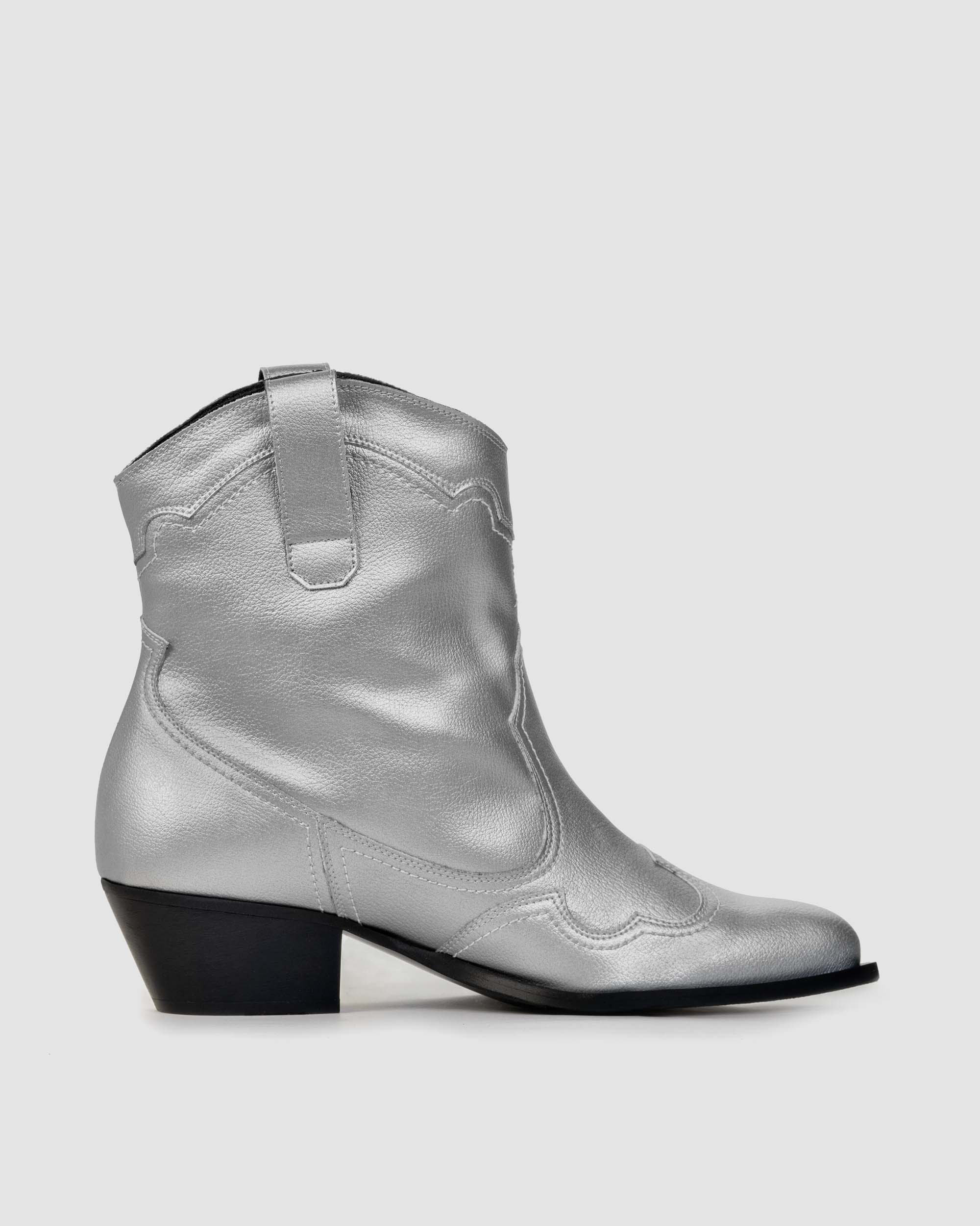 BOHEMA Metallic Stitchy Cowboy Boots in metallic - worn on foot of women's cowboy boots