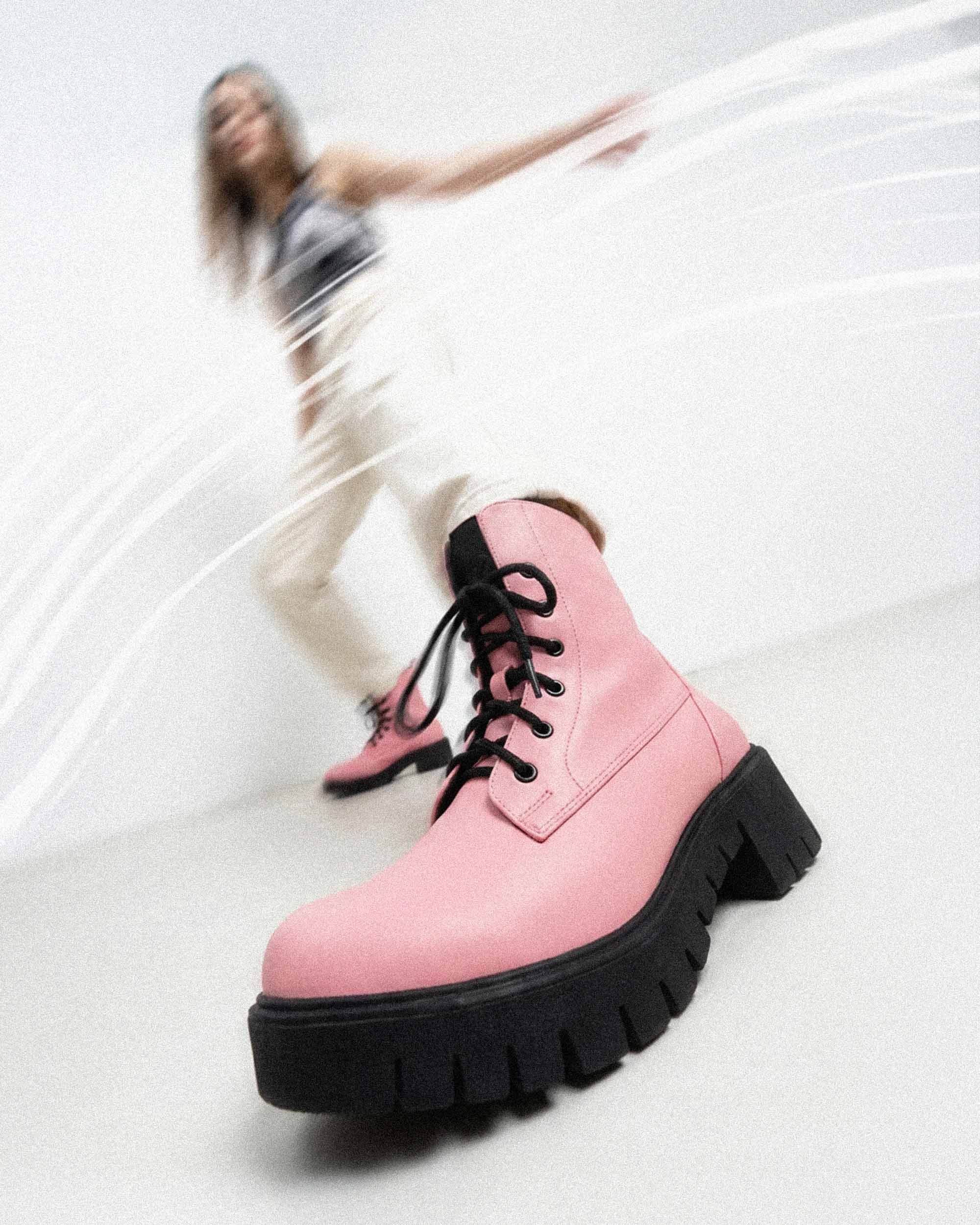 BOHEMA Workers No. 3 in pink - top view of women's lace-up boots