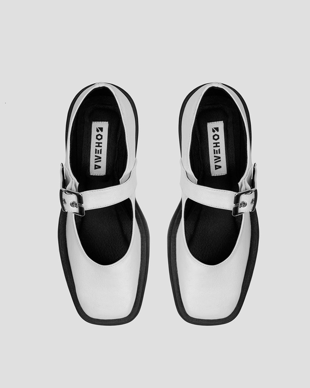 BOHEMA Squared Mary Jane Pumps in white - top view of women's Mary Jane ballet flats
