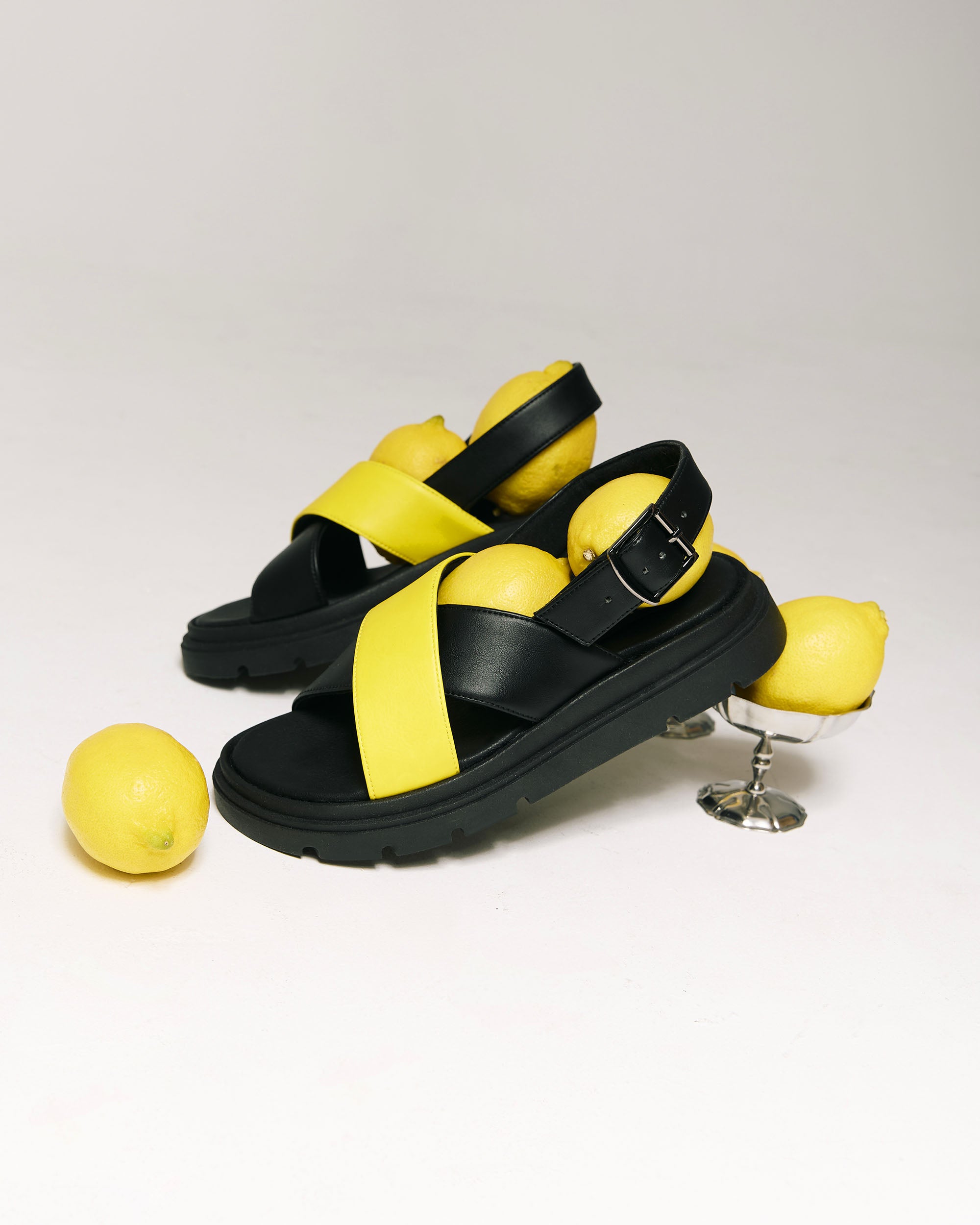 BOHEMA Glare Sandals in lemon yellow - pair view of women's heeled sandals
