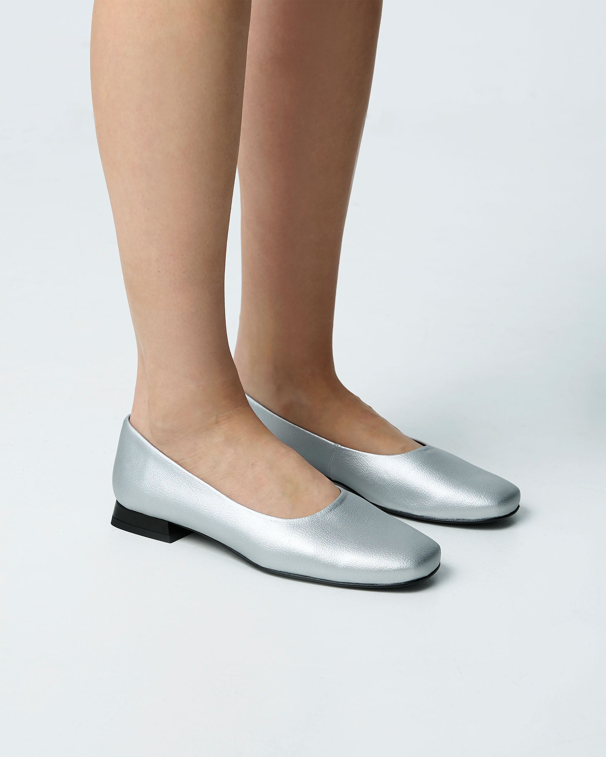 BOHEMA Silver Diana Pumps in silver - top view of women's square-toe ballet flats