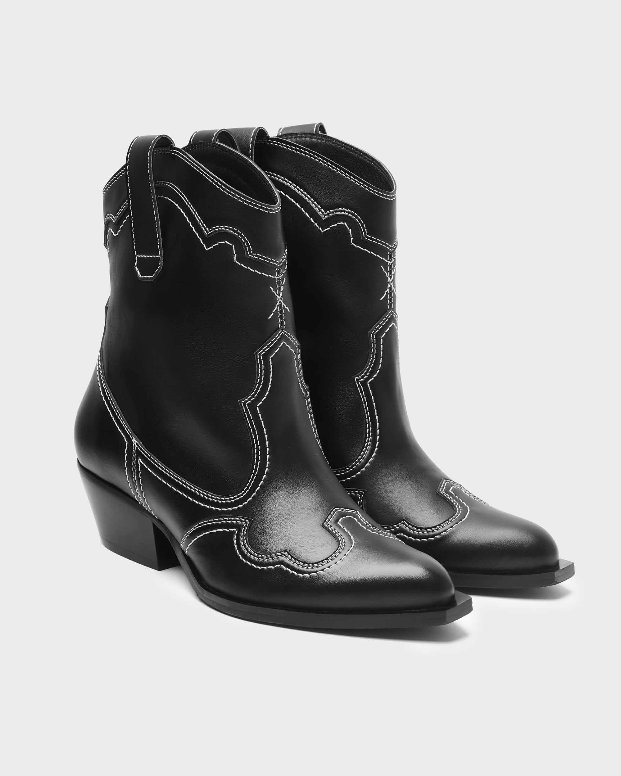 BOHEMA Stitchy Cowboy Boots in black - side view of women's cowboy boots