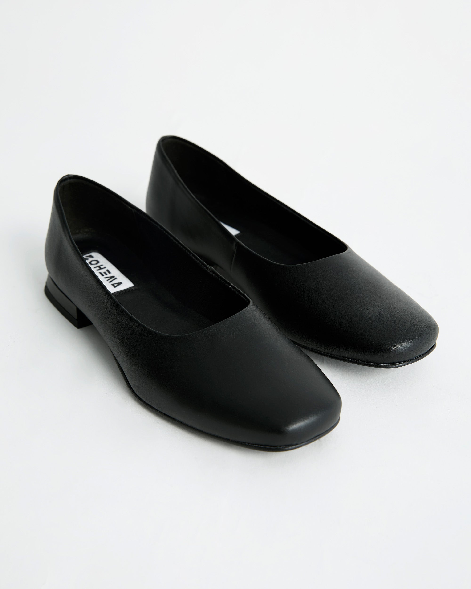 BOHEMA Black Diana Pumps in black - side view of women's square-toe ballet flats