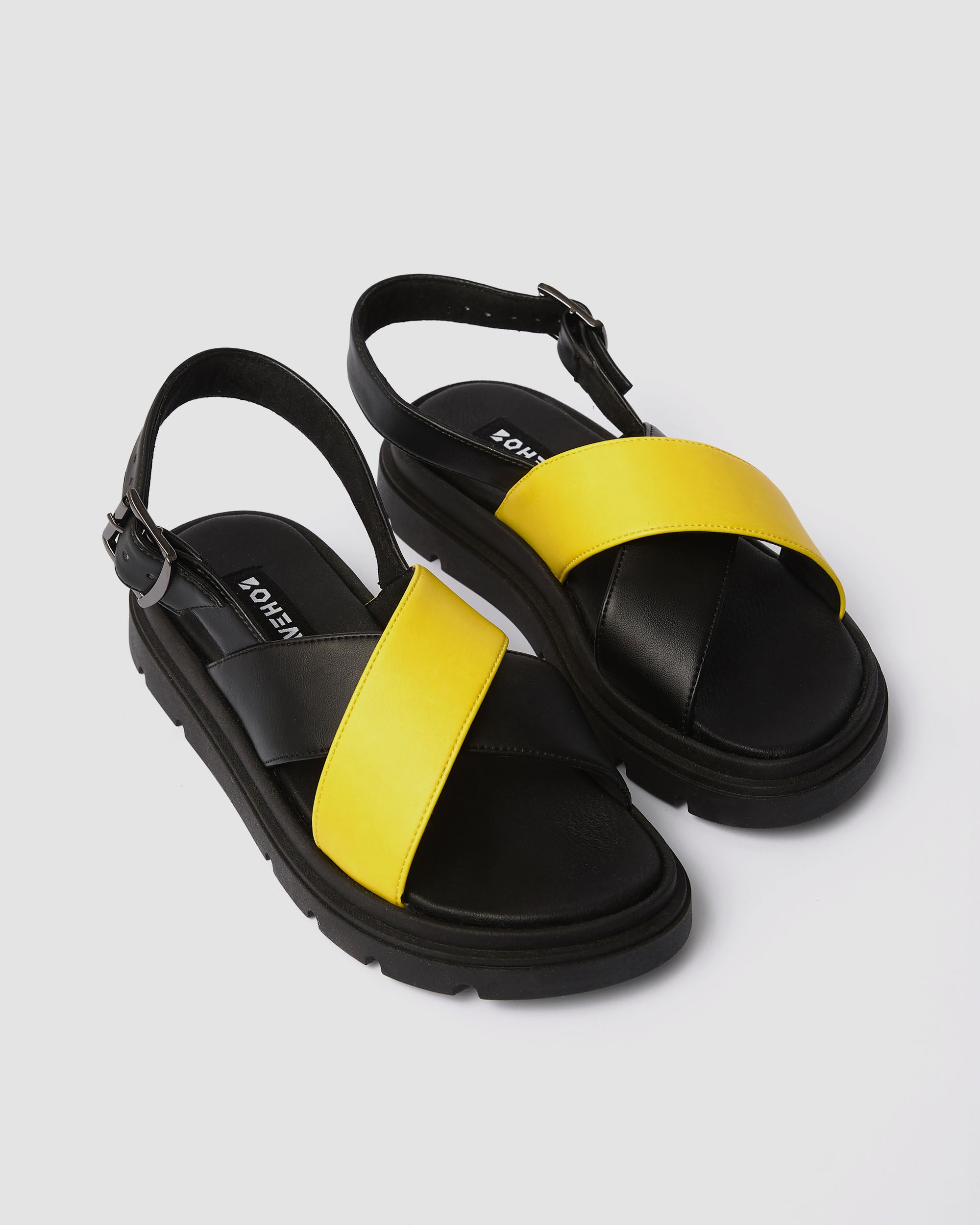 BOHEMA Glare Sandals in lemon yellow - top view of women's heeled sandals