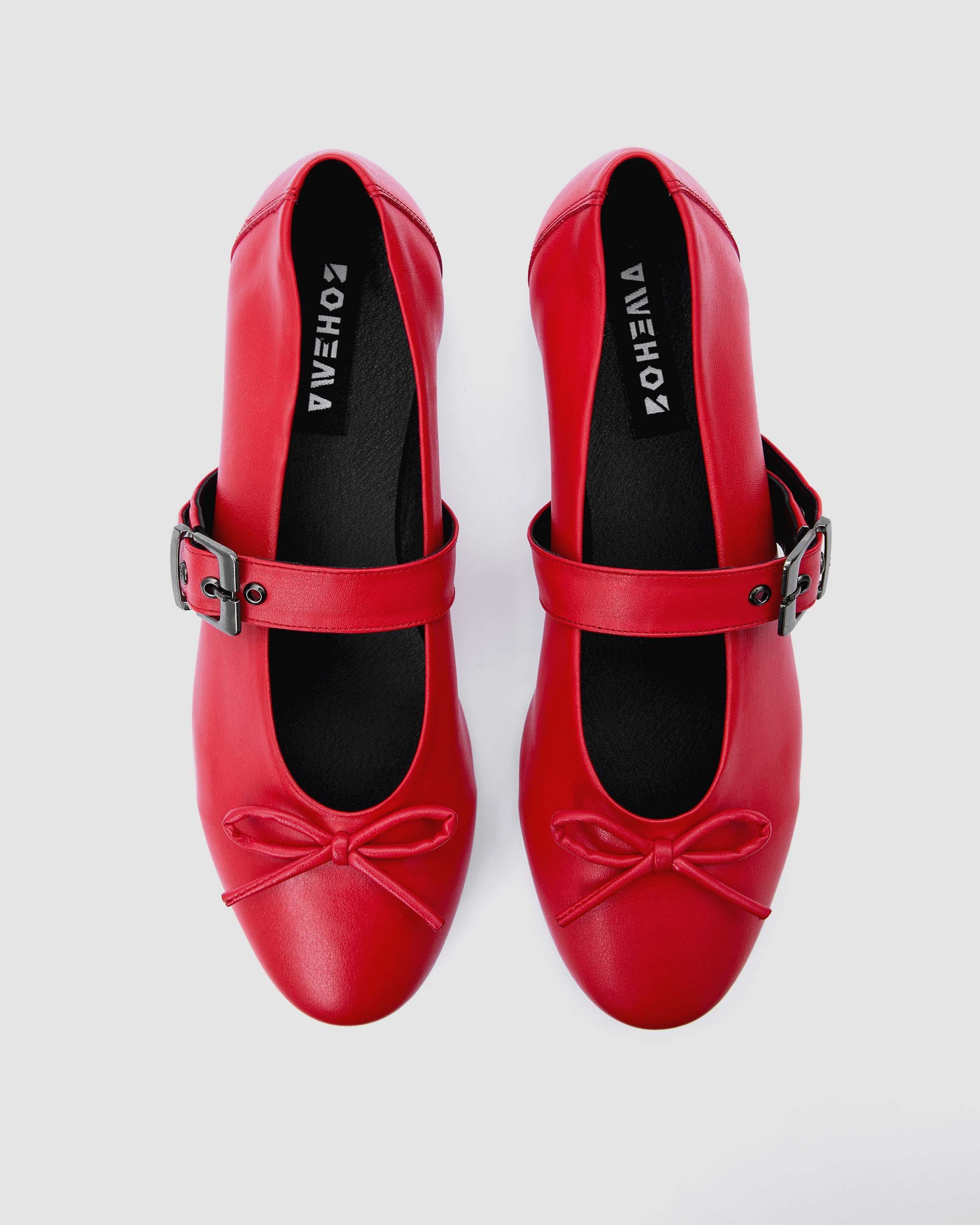 BOHEMA Mara Pumps in red - top view of women's ballet flats with strap