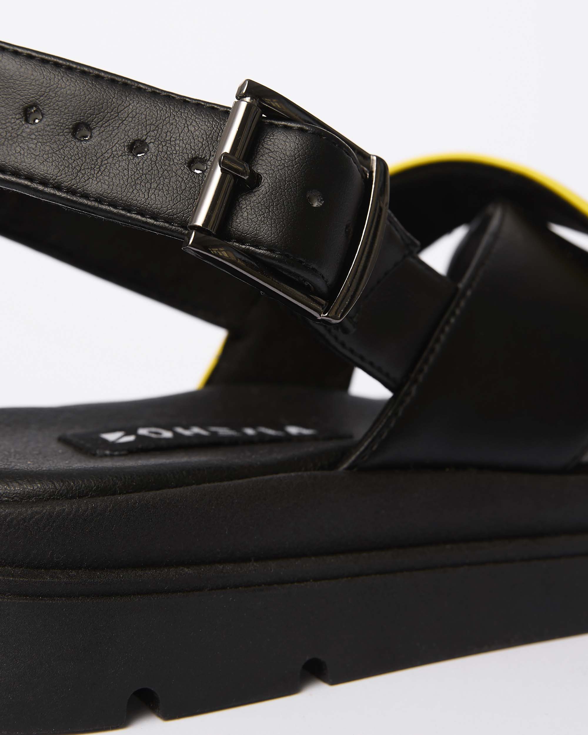 BOHEMA Glare Sandals in lemon yellow - worn on foot of women's heeled sandals