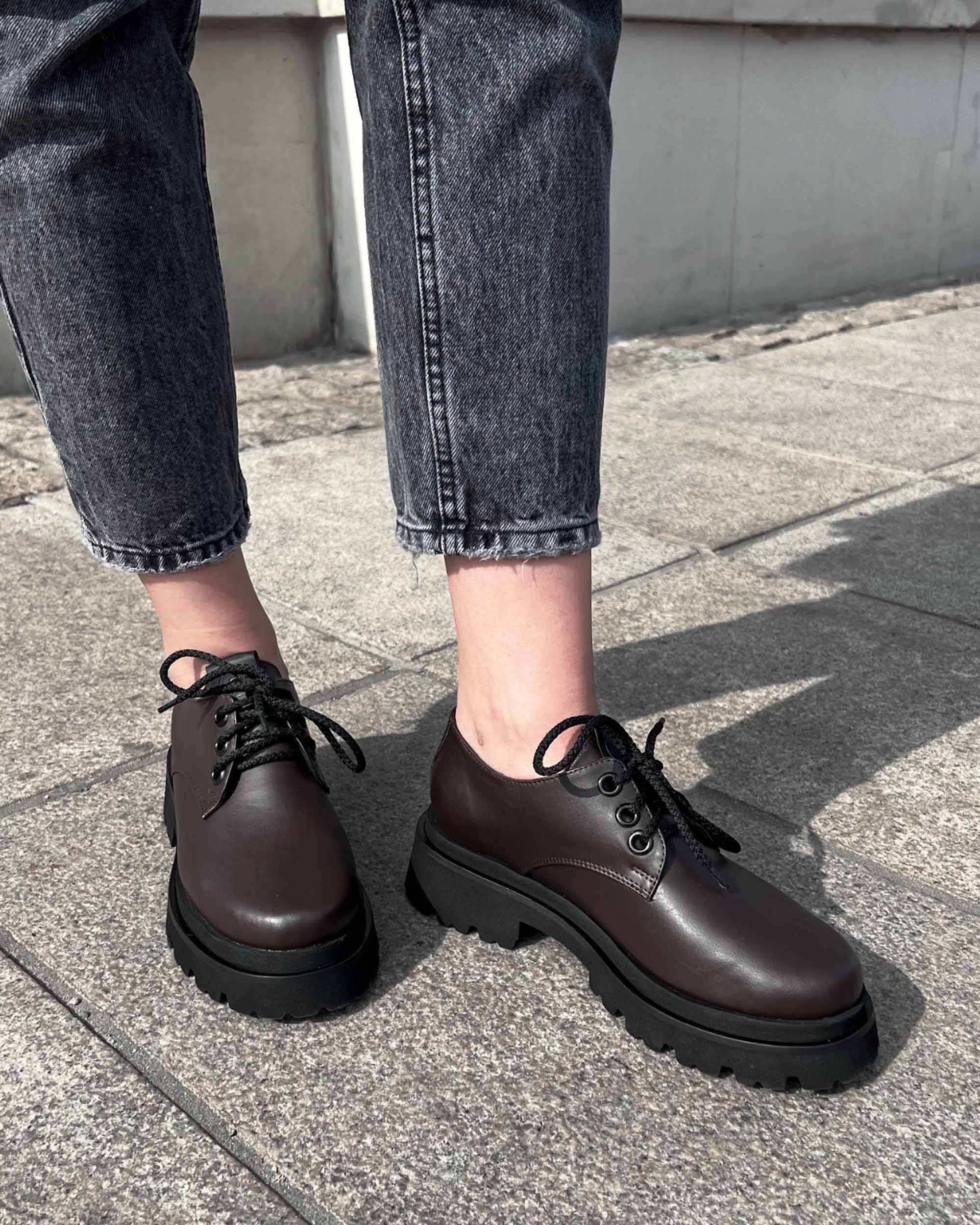 BOHEMA Chunky Derbs No. 2 in chocolate brown - texture close-up of women's derby shoes