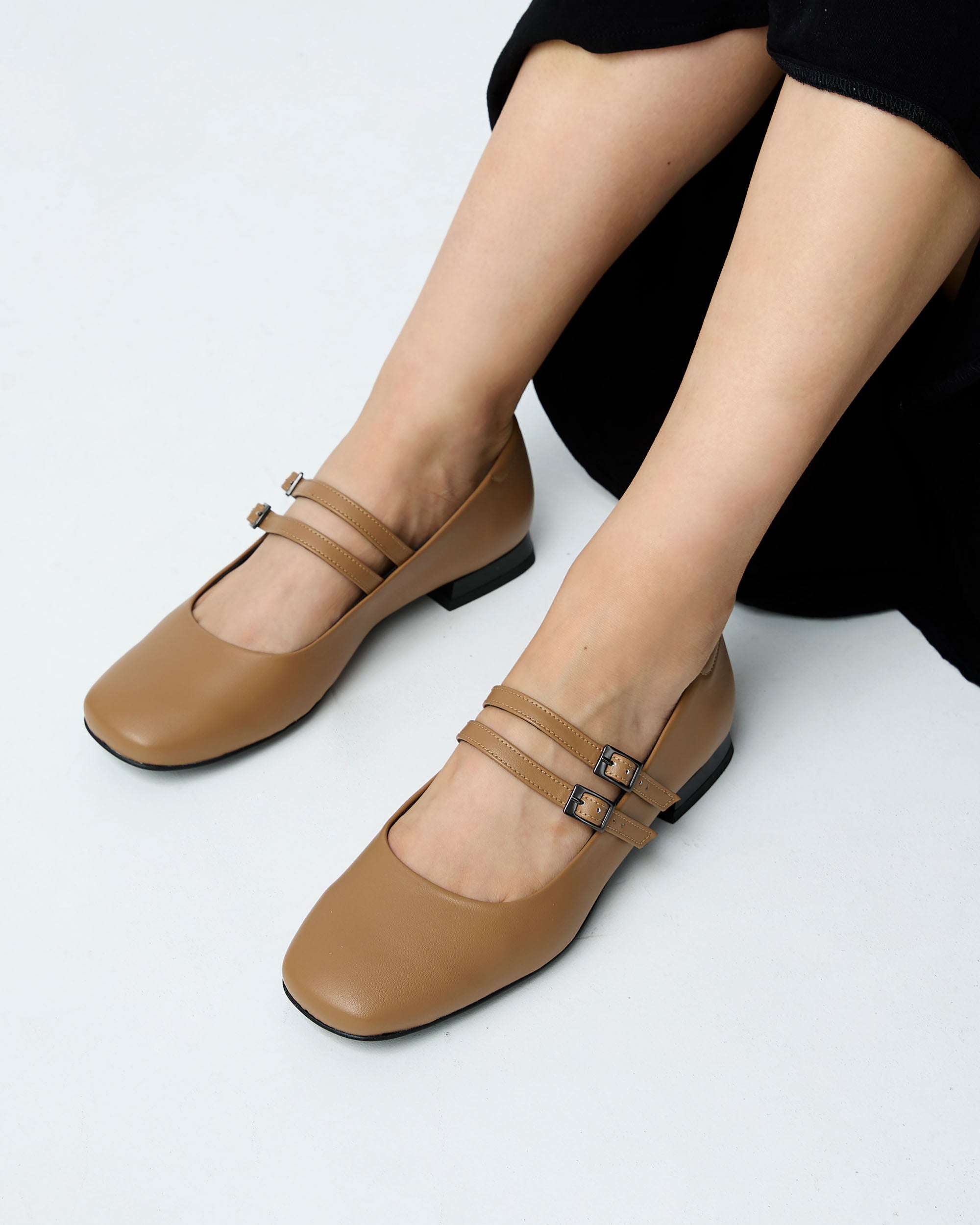 BOHEMA Carmel Mary Jane Pumps in caramel - texture close-up of women's Mary Jane ballet flats