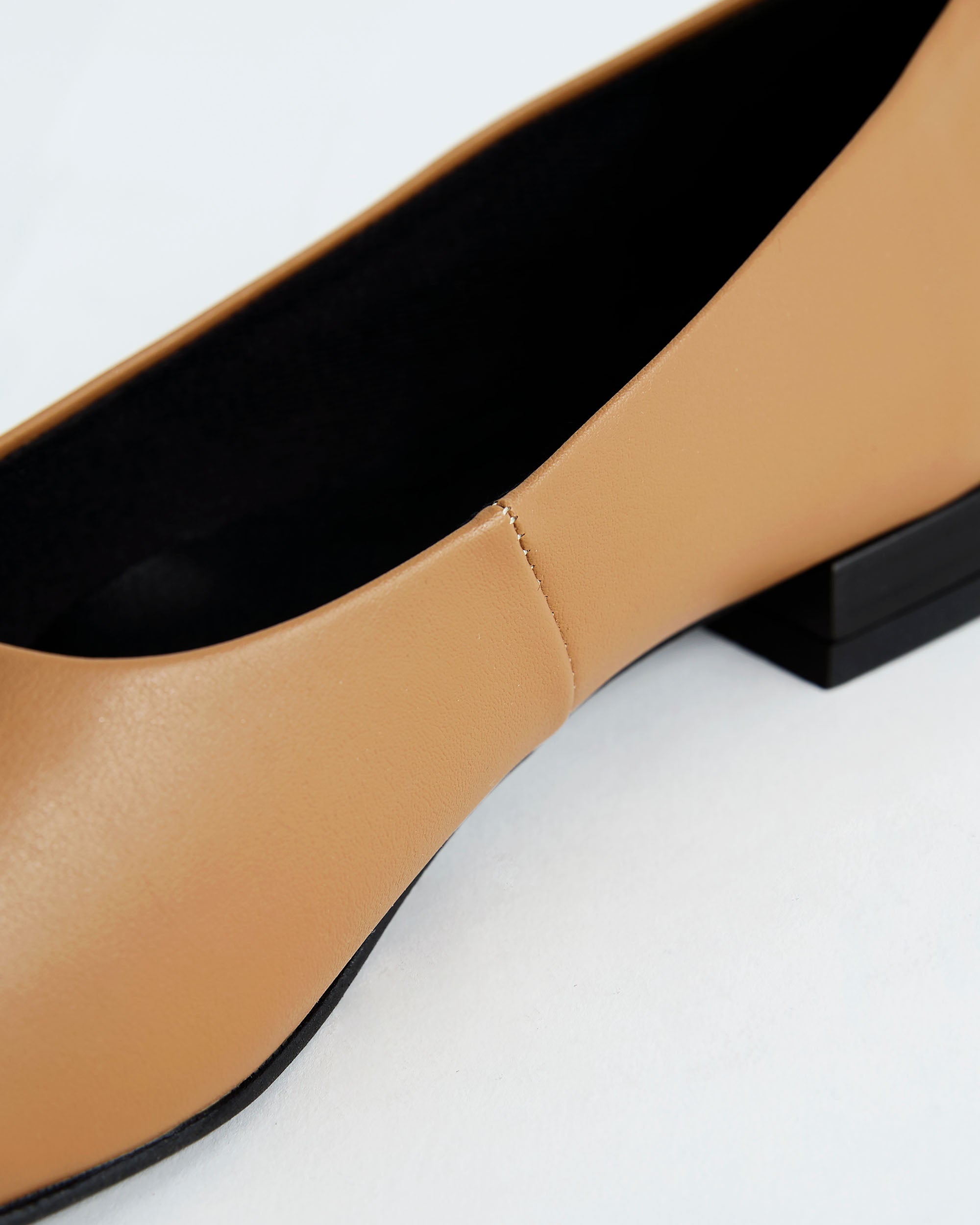 BOHEMA Carmel Diana Pumps in caramel - worn on foot of women's square-toe ballet flats