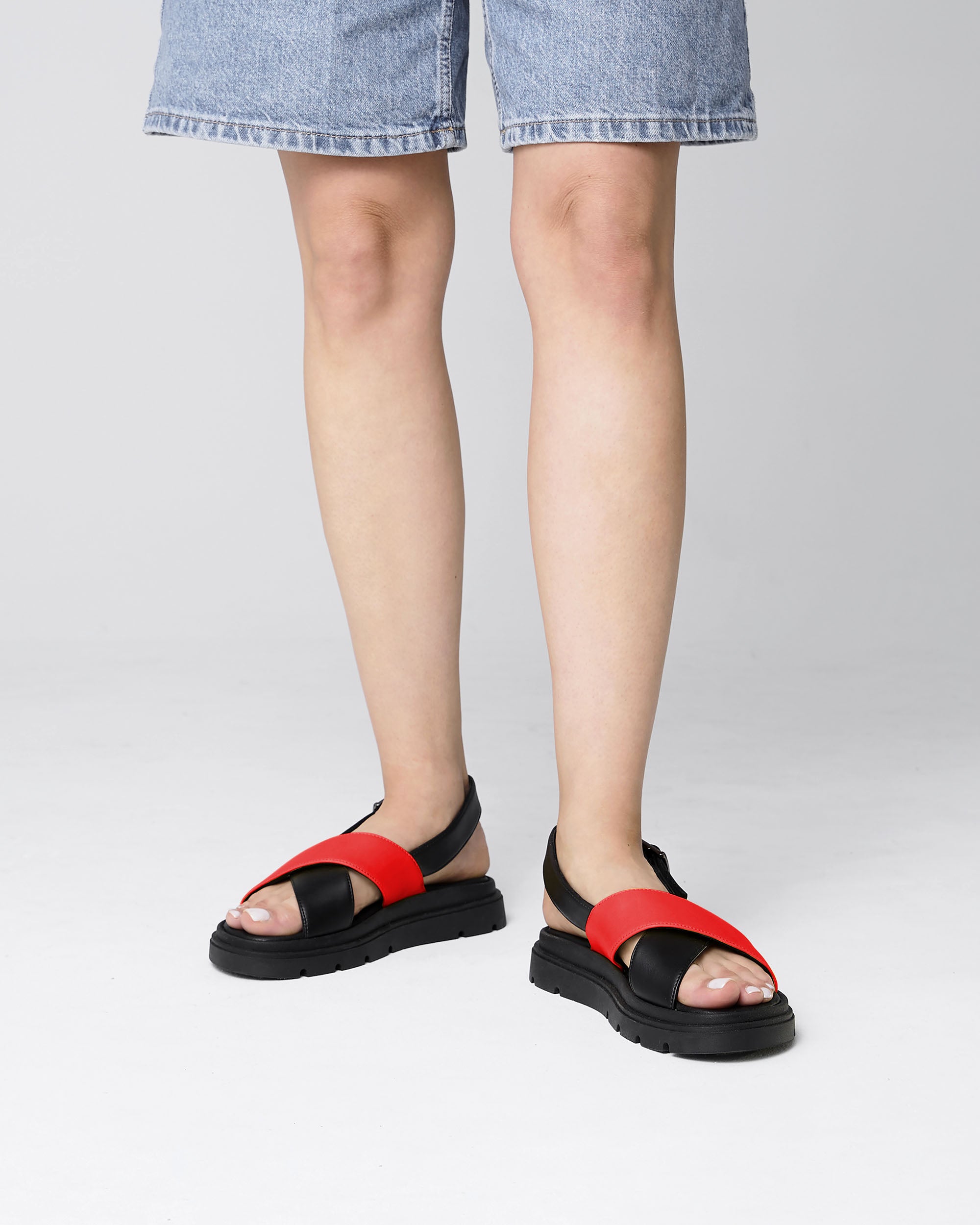 BOHEMA Glare Sandals in red - texture close-up of women's heeled sandals