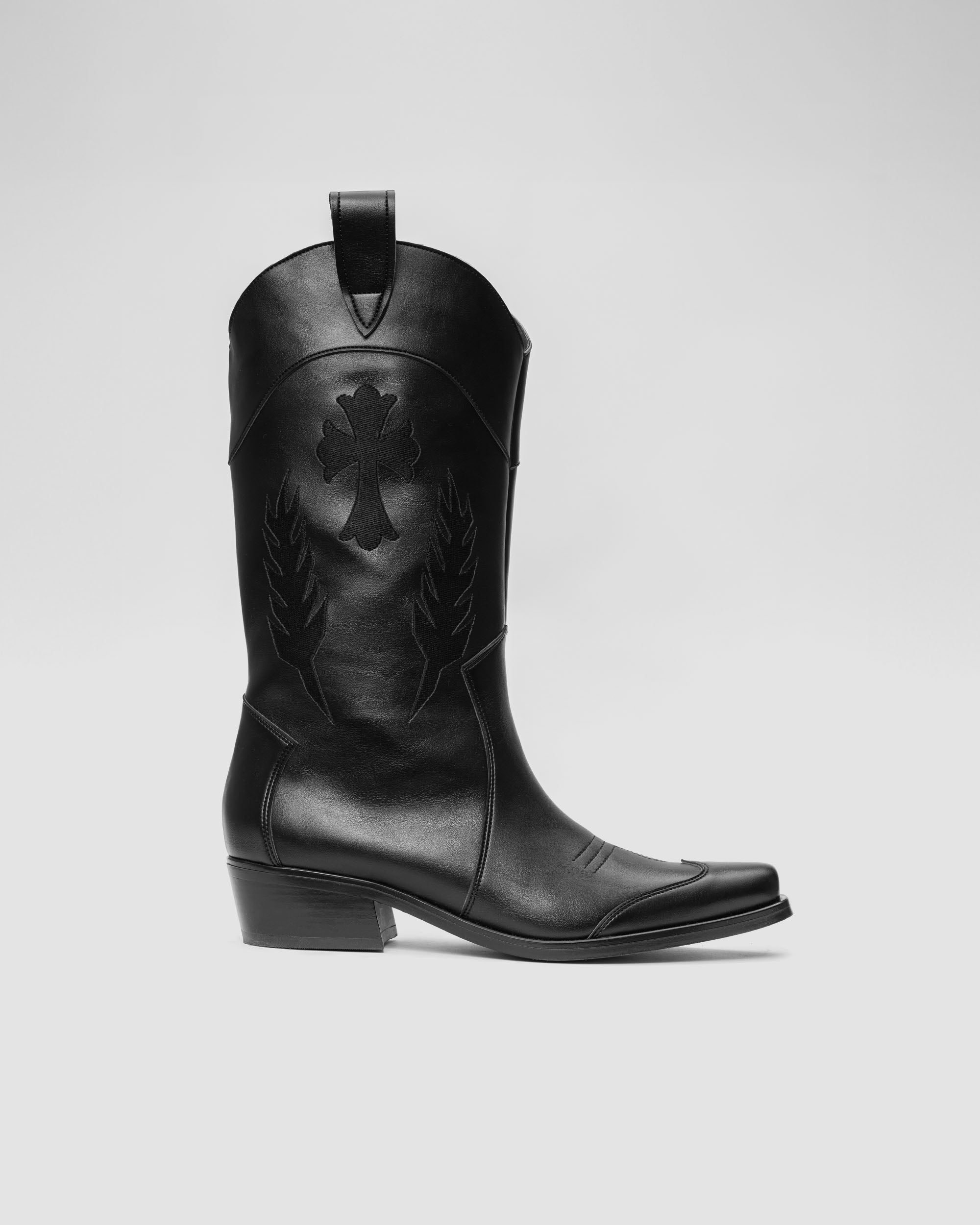 BOHEMA Black Saint in black - worn on foot of women's embroidered cowboy boots