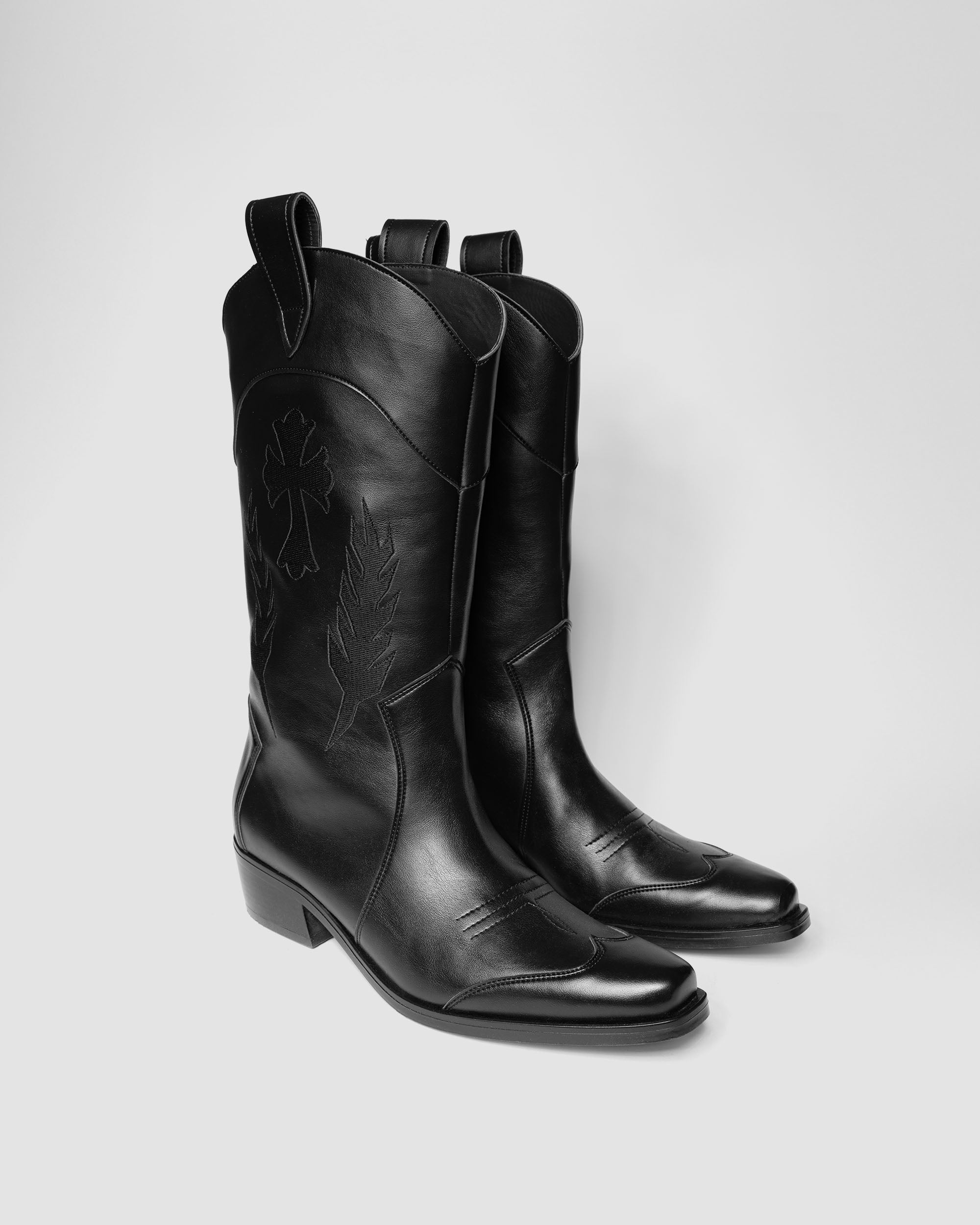 BOHEMA Black Saint in black - side view of women's embroidered cowboy boots