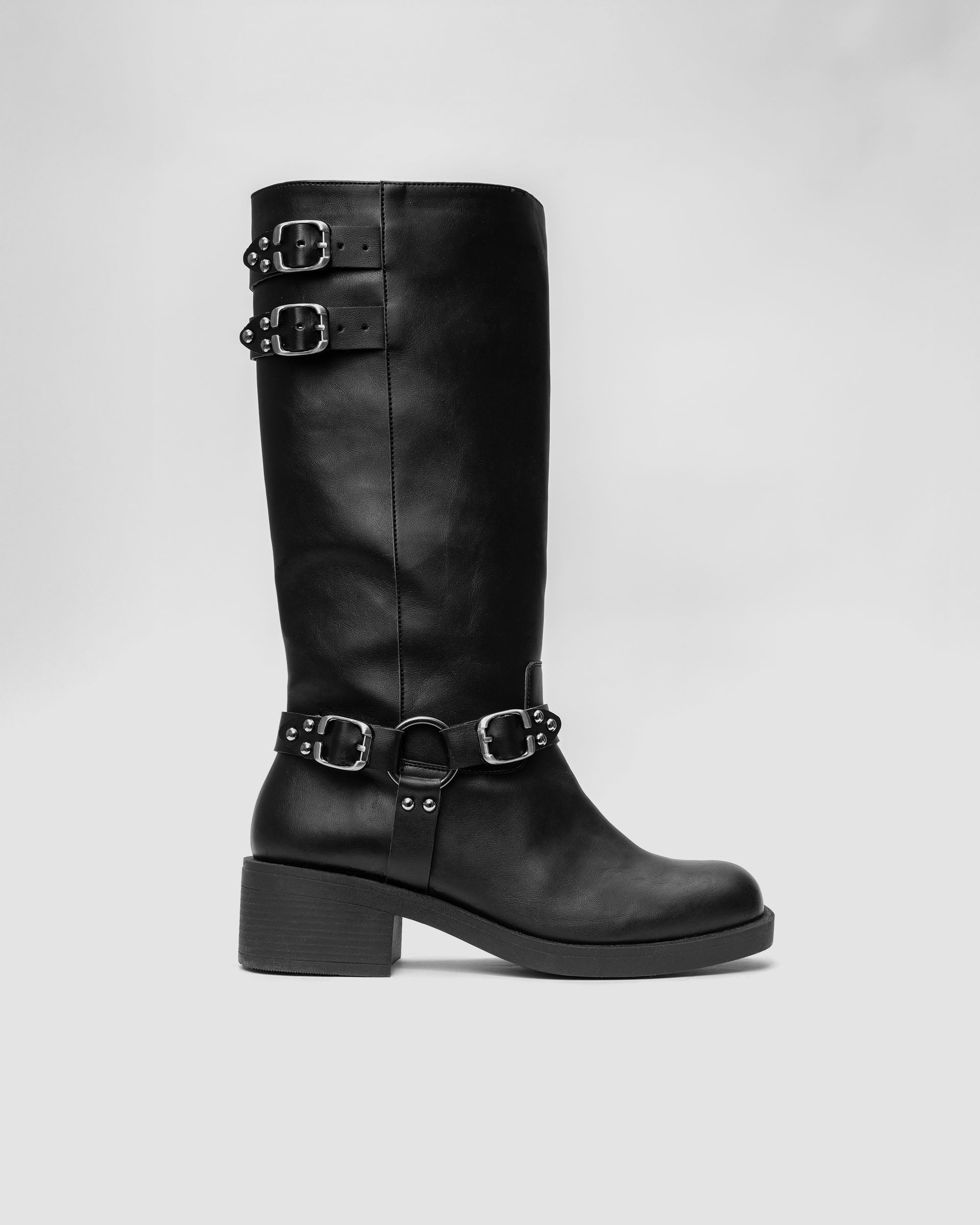 Black vegan biker boot with block heel and metal buckle details, Bohema modern footwear
