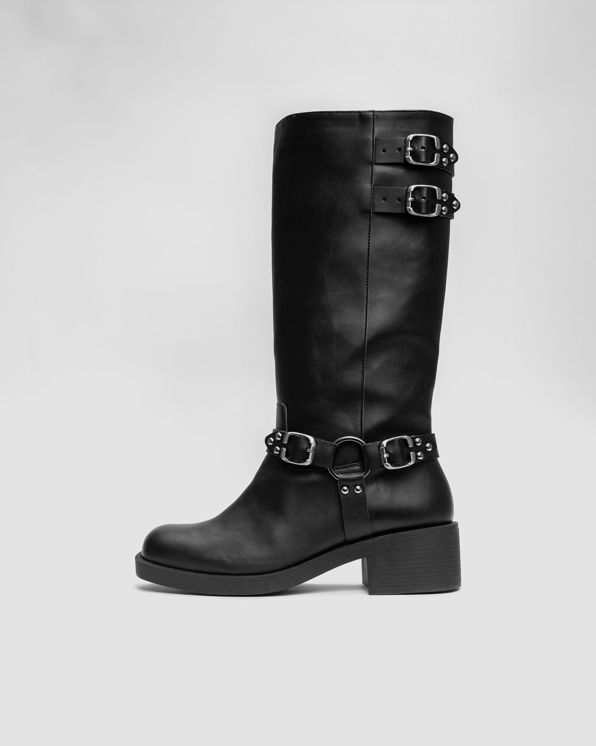 BOHEMA black vegan biker boot with chunky heel and buckle details, modern plant-based footwear