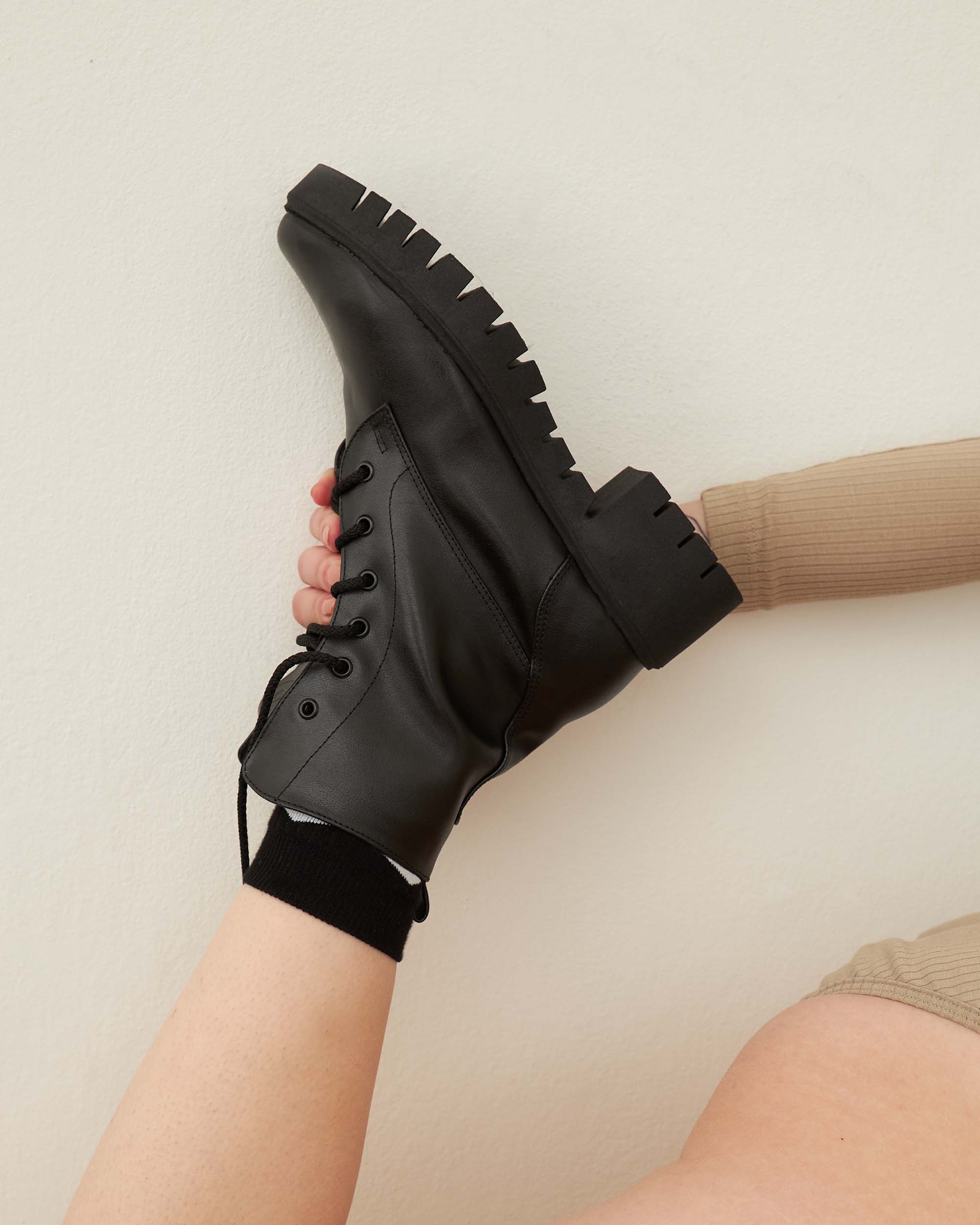 BOHEMA Workers No. 3 in black - worn on foot of women's lace-up boots