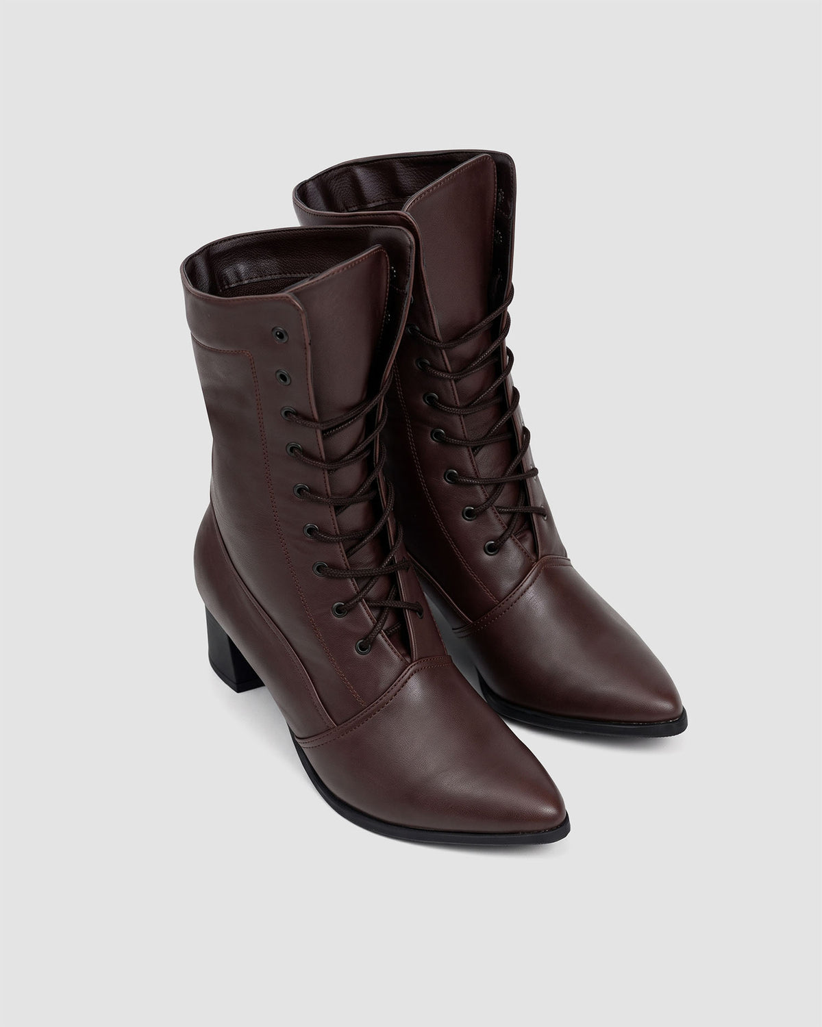 BOHEMA High Boots Chocolate - chocolate brown women's lace-up boots made from grape plant leather, pair, front view