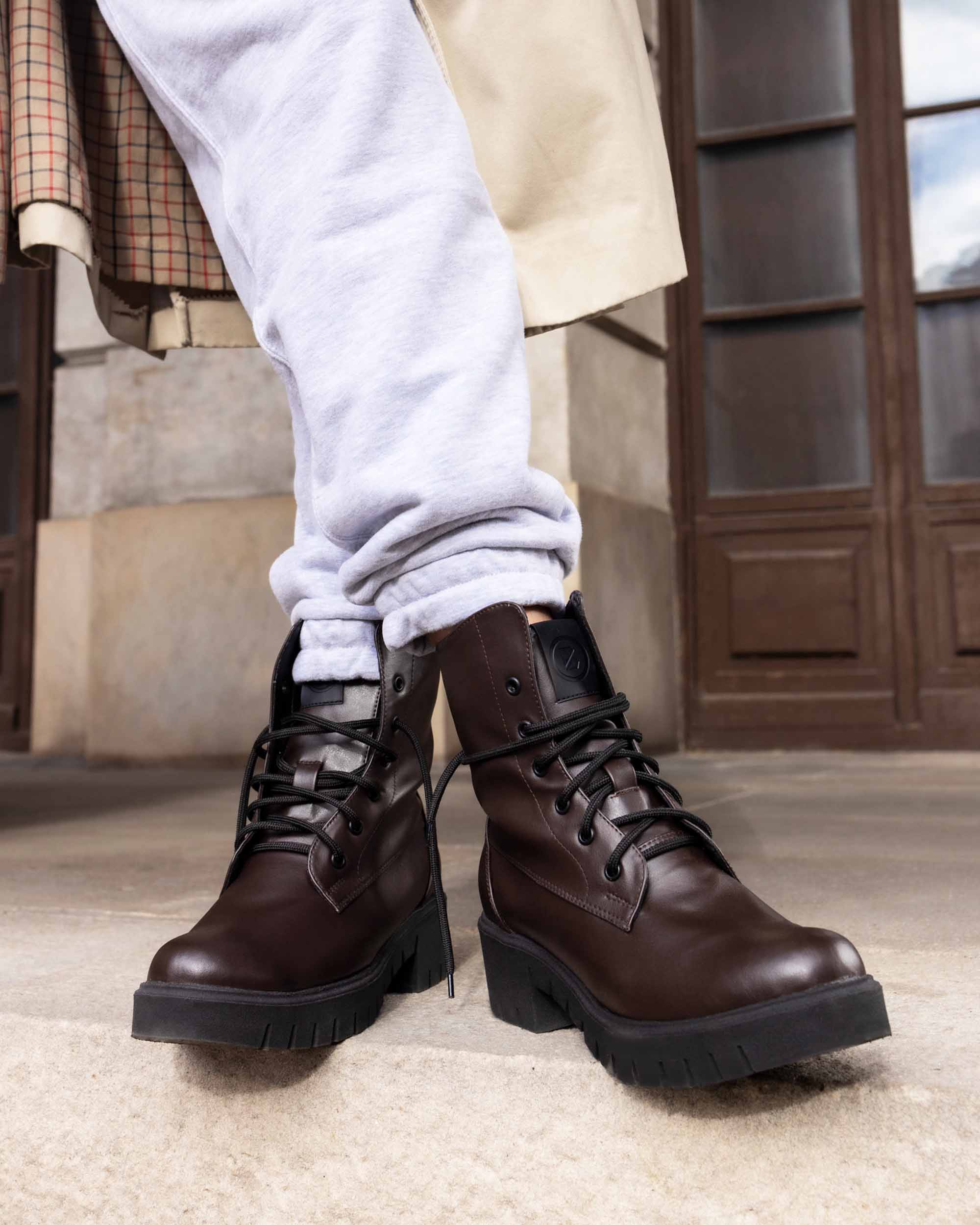 BOHEMA Workers No. 3 in chocolate brown - back view of women's lace-up boots