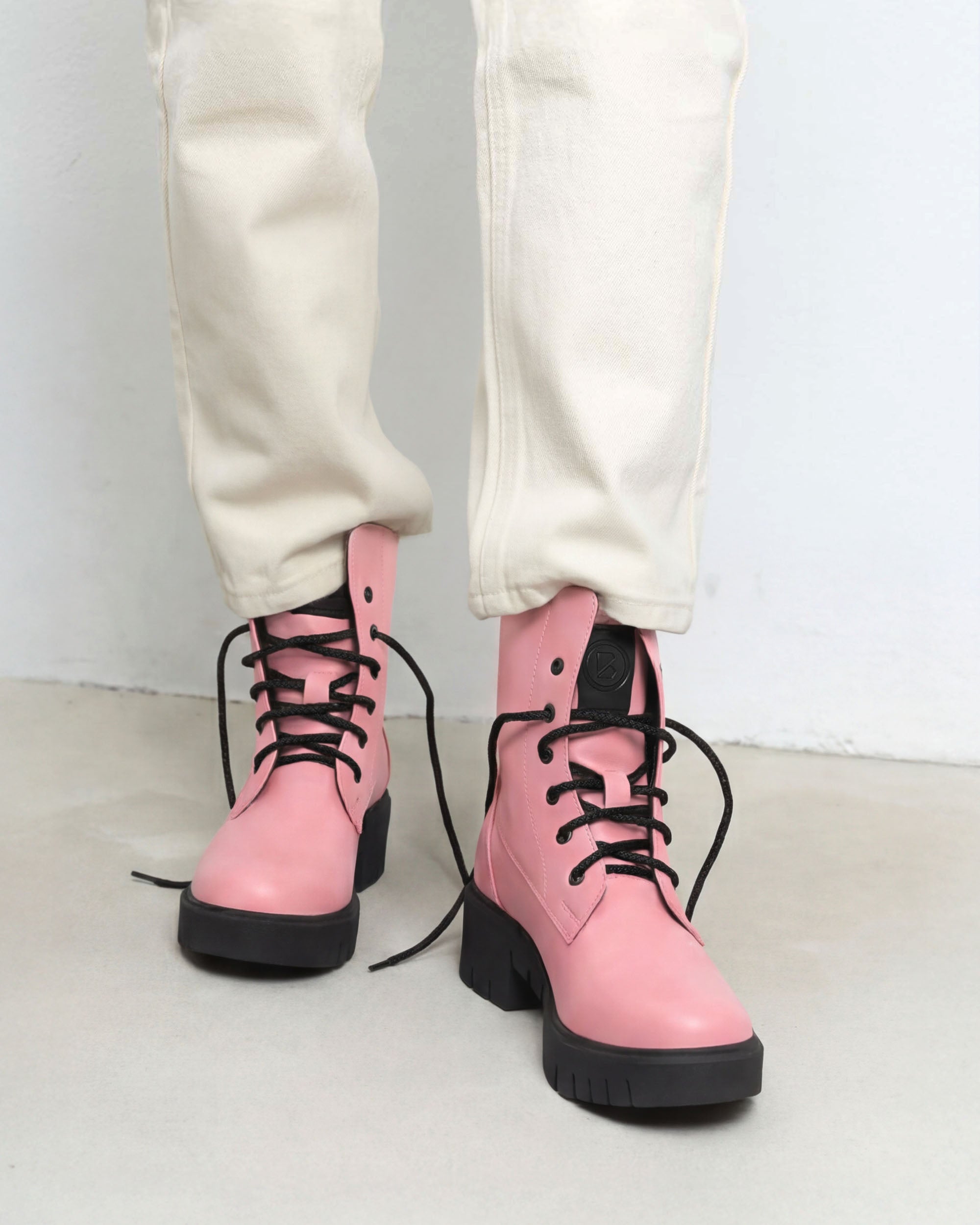 BOHEMA Workers No. 3 in pink - side view of women's lace-up boots