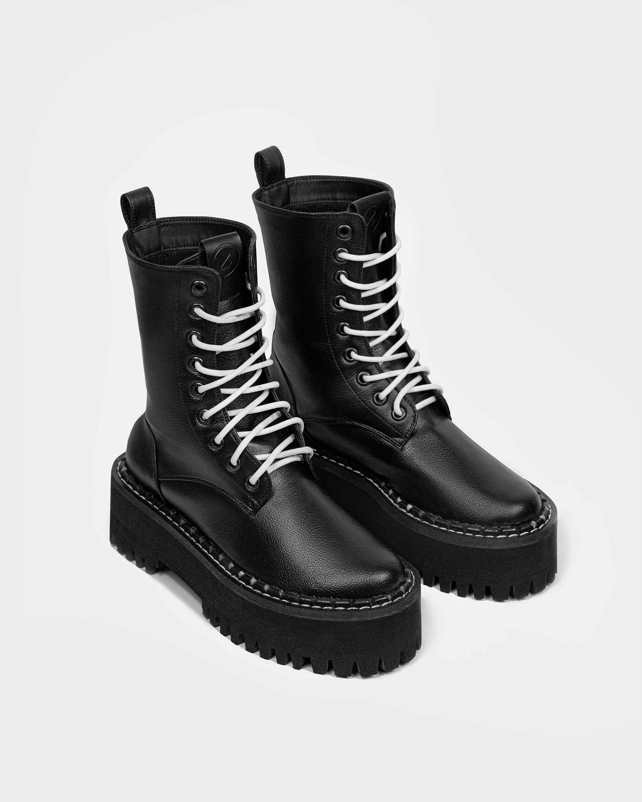 BOHEMA Worker Monster in black - side view of women's lace-up boots